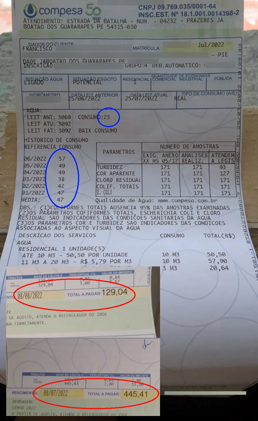 Comparação da conta d'água antes e depois do serviço